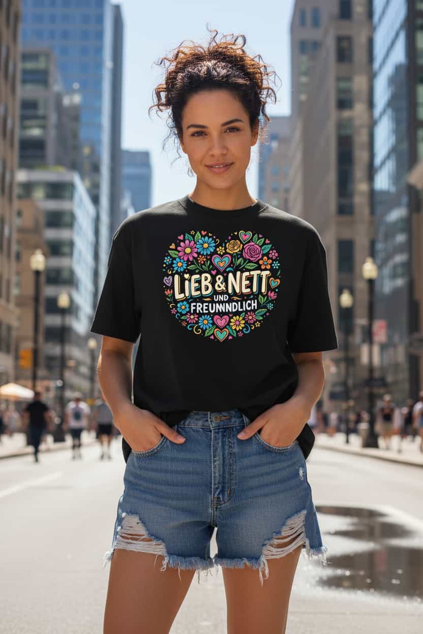  „Damen Bio T-Shirt Lieb in Weiß – Model trägt nachhaltiges Streetwear-Shirt".