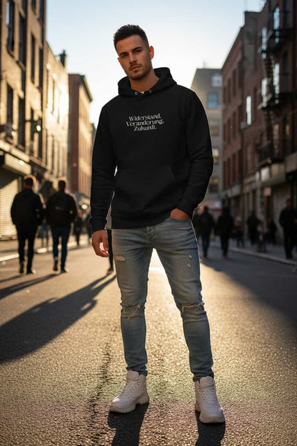Schwarz: Herren Bio Hoodie Widerstand Schwarz von TextilRebell – GOTS-zertifiziert, 350 g/m², nachhaltiger Streetwear-Style
