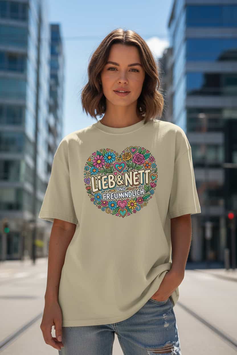  „Damen Bio T-Shirt Lieb in Weiß – Model trägt nachhaltiges Streetwear-Shirt".