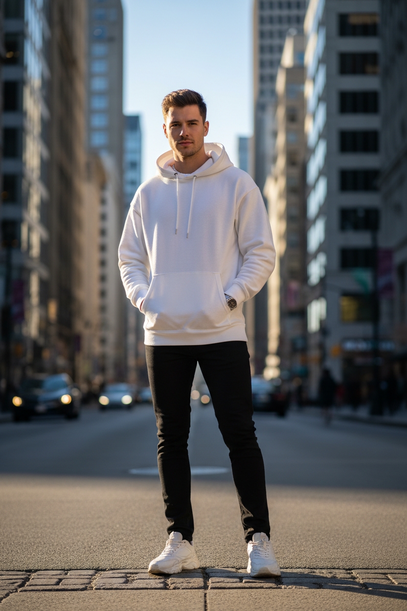Model weißer Hoodie Stadt