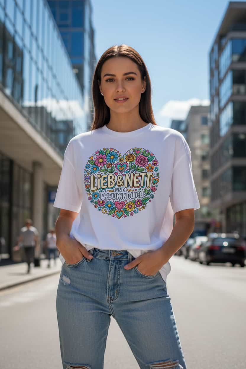  „Damen Bio T-Shirt Lieb in Weiß – Model trägt nachhaltiges Streetwear-Shirt".