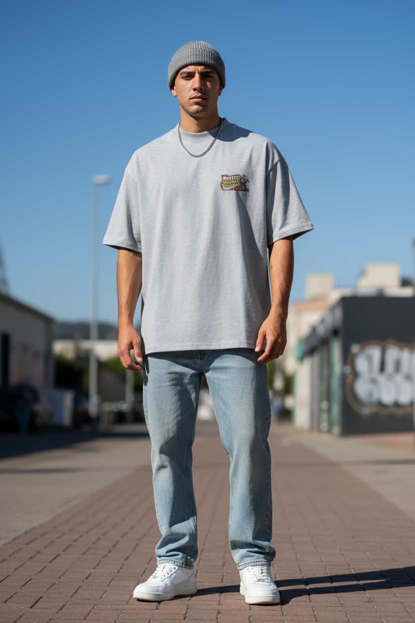 Oversized Herren T-Shirt Heather Grau Frontansicht – TextilRebell Montag, 100% Bio-Baumwolle GOTS-zertifiziert