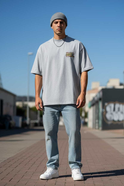 Oversized Herren T-Shirt Heather Grau Frontansicht – TextilRebell Montag, 100% Bio-Baumwolle GOTS-zertifiziert