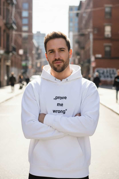 Weiß: Herren Bio Hoodie Prove me Weiß von TextilRebell – GOTS-zertifiziert, 350 g/m², faire Produktion
