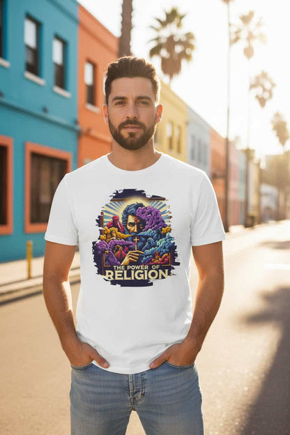 Weiß (Lifestyle): Herren Bio T-Shirt Religion Weiß von TextilRebell – GOTS-zertifiziert, 180 g/m², Statement Streetwear