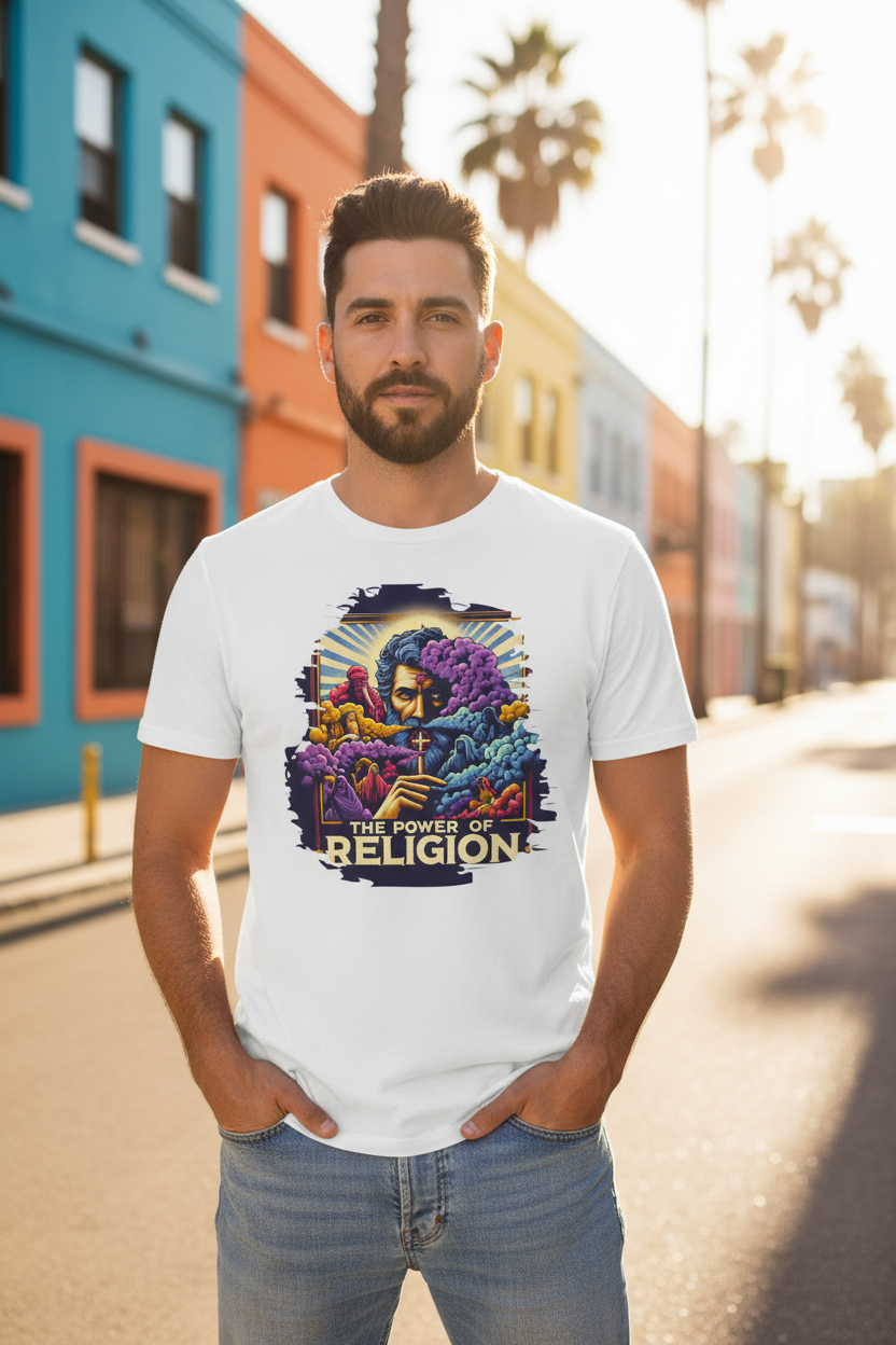 Weiß (Lifestyle): Herren Bio T-Shirt Religion Weiß von TextilRebell – GOTS-zertifiziert, 180 g/m², Statement Streetwear