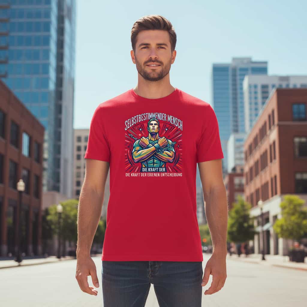 Herren Bio-Baumwolle T-Shirt Kraft in Rot – Lifestyle Streetwear Mockup mit männlichem Model, Stadtkulisse, TextilRebell