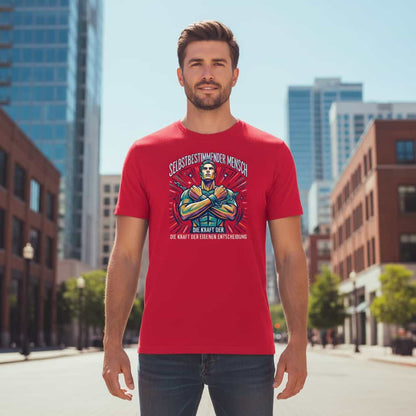 Herren Bio-Baumwolle T-Shirt Kraft in Rot – Lifestyle Streetwear Mockup mit männlichem Model, Stadtkulisse, TextilRebell