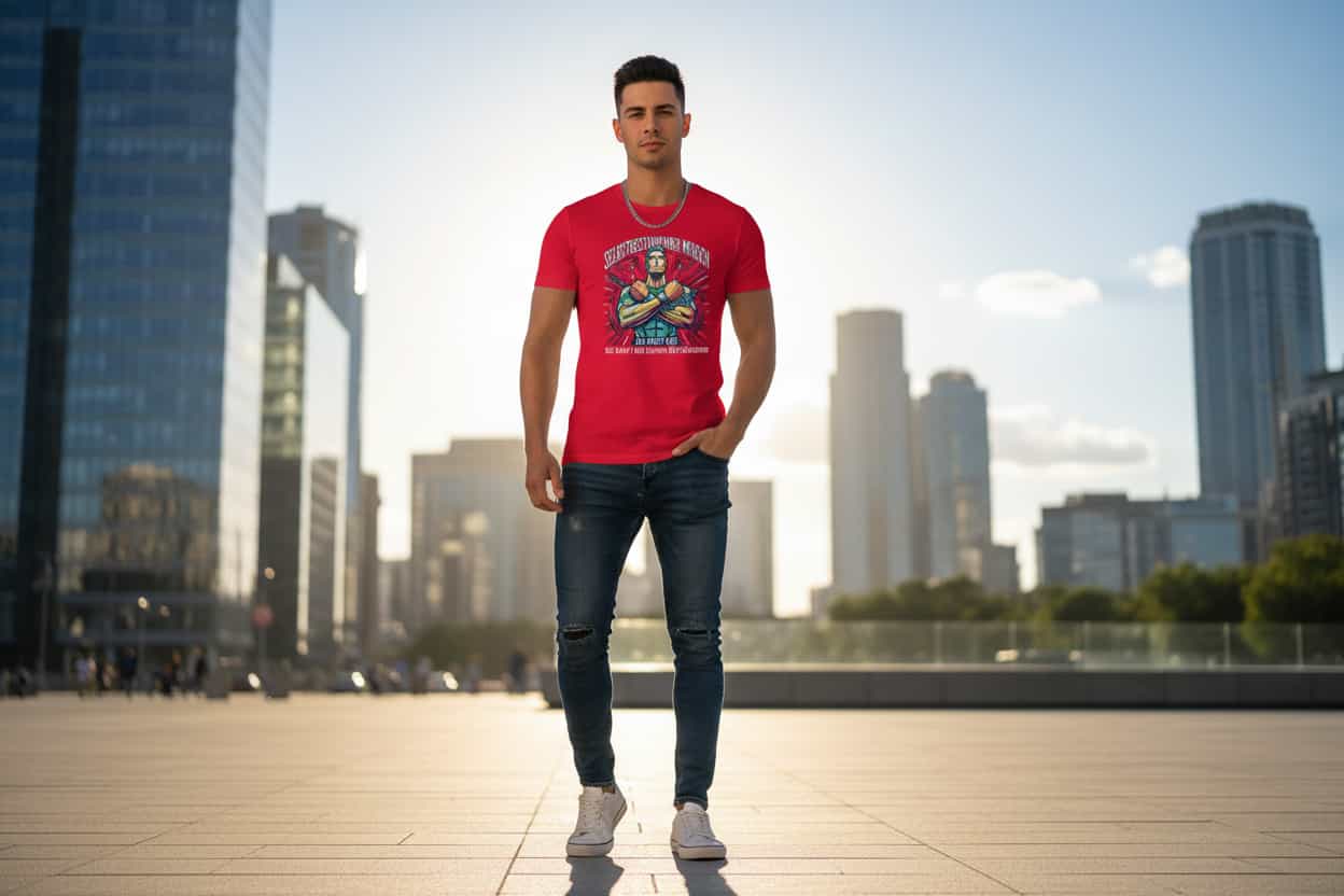 Herren Bio-Baumwolle T-Shirt Kraft in Rot – Lifestyle Streetwear Mockup mit männlichem Model, Stadtkulisse, TextilRebell
