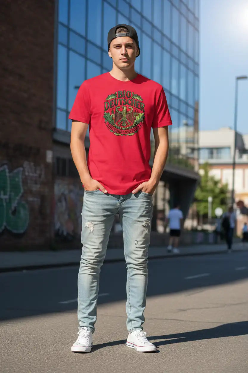  Herren Bio T-Shirt Rot mit Bio Deutscher Adler Print – GOTS-zertifiziert | TextilRebell