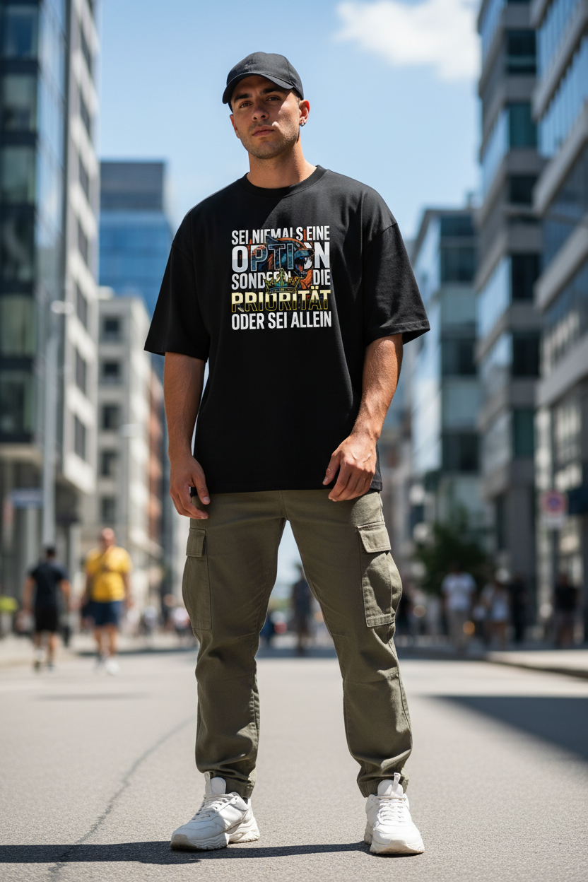 Unisex Oversized T-Shirt Schwarz – 100% Bio-Baumwolle 200g/m² GOTS OCS – Sei niemals eine Option Priorität – TextilRebell
