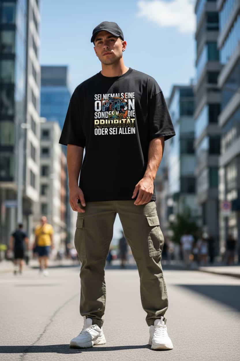 Unisex Oversized T-Shirt Schwarz – 100% Bio-Baumwolle 200g/m² GOTS OCS – Sei niemals eine Option Priorität – TextilRebell