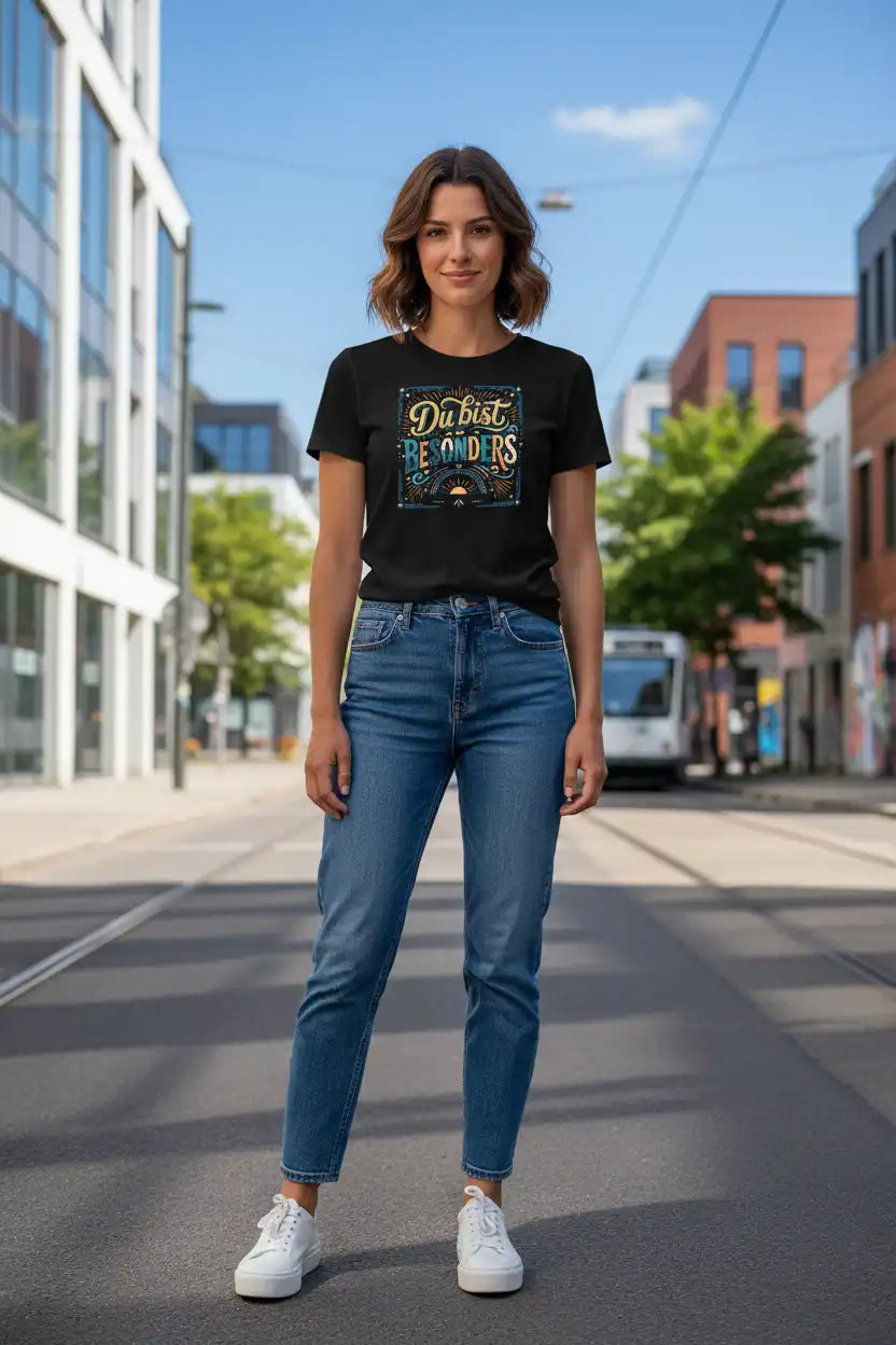 „Damen-Model trägt das schwarze Bio-T-Shirt ‚Besonders‘ von TextilRebell aus 100 % Bio-Baumwolle mit 155 g/m² frontal bei sonnigem Wetter.“