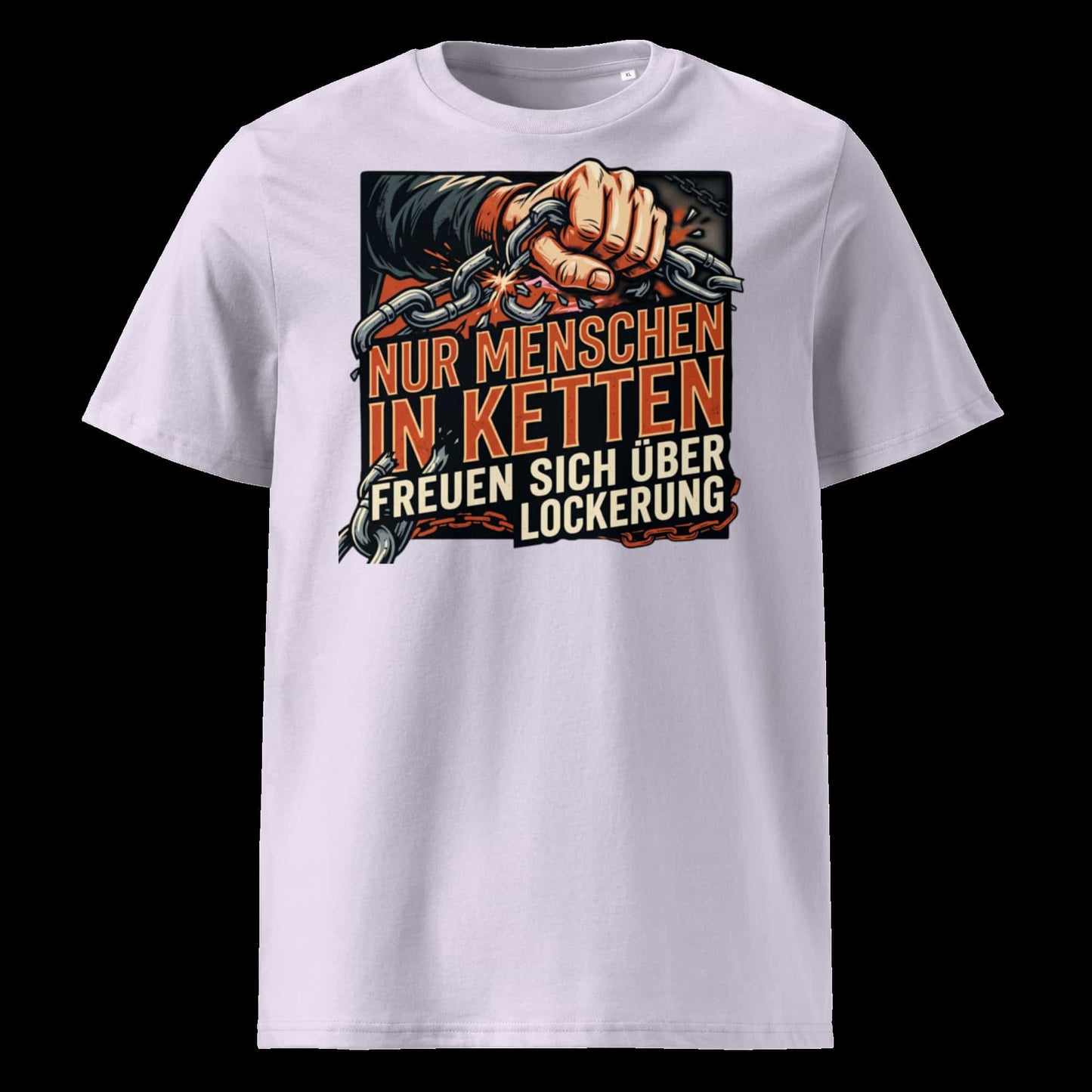 Herren Bio-Baumwolle T-Shirt in Lavendel mit Statement-Print "Nur Menschen in Ketten freuen sich über Lockerung" – männlicher Model trägt das Shirt in urbaner Stadtkulisse bei strahlendem Sonnenschein und blauem Himmel – GOTS-zertifiziert, nachhaltige Streetwear von TextilRebell
