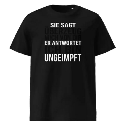  Unisex T-Shirt „Überzeuge mich“ in Schwarz mit Statement-Print, Frontansicht, 100% Bio-Baumwolle, 180 g/m², GOTS-zertifiziert, TextilRebell.