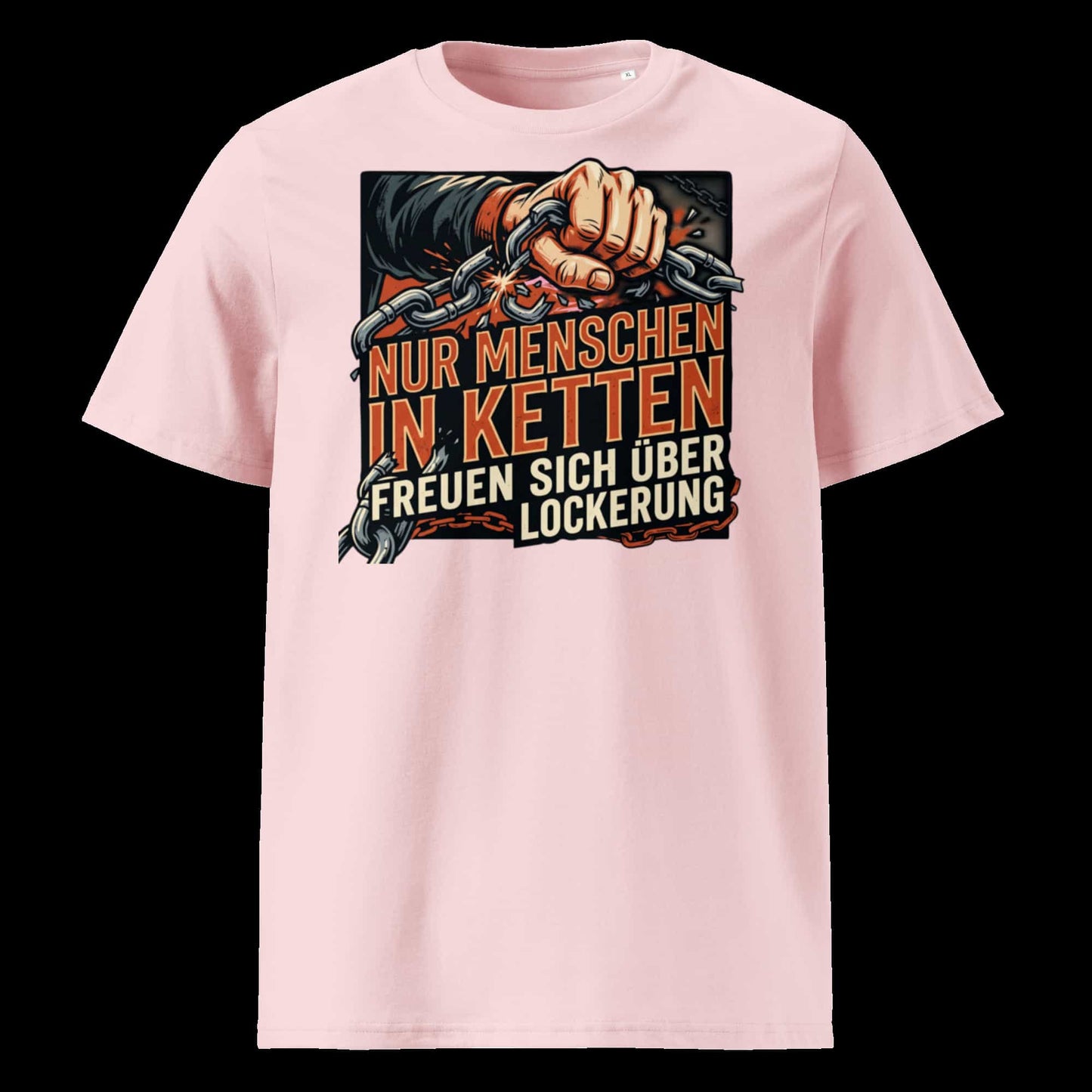 Herren Bio-Baumwolle T-Shirt in Cotton Pink mit Statement-Print "Nur Menschen in Ketten freuen sich über Lockerung" – männlicher Model trägt das Shirt in urbaner Stadtkulisse bei strahlendem Sonnenschein und blauem Himmel – GOTS-zertifiziert, nachhaltige Streetwear von TextilRebell