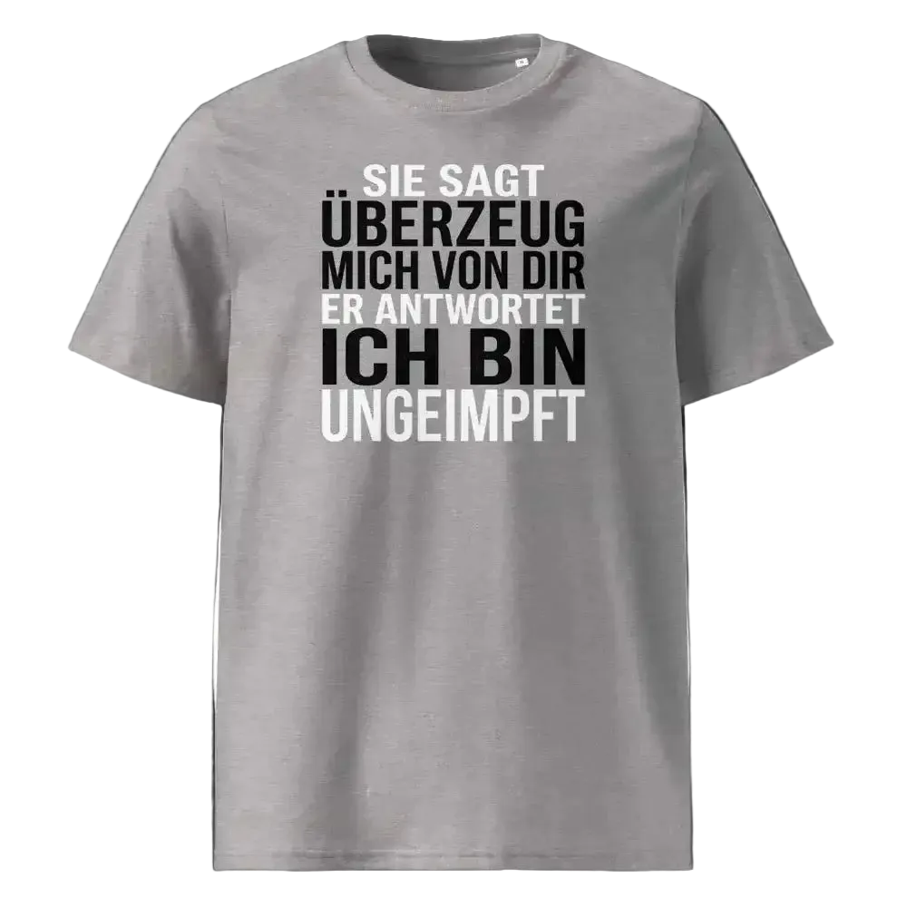 Unisex T-Shirt „Überzeuge mich“ in Heather Grau mit Statement-Print, Frontansicht, 100% Bio-Baumwolle, 180 g/m², GOTS-zertifiziert, TextilRebell.