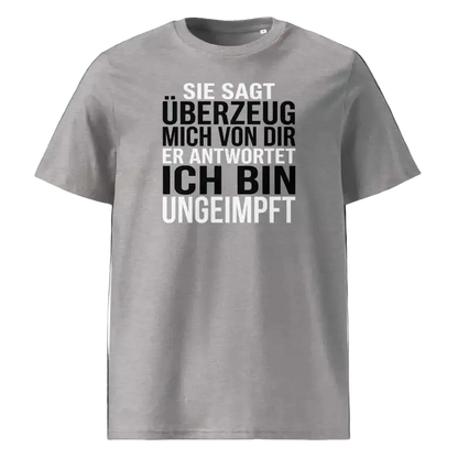 Unisex T-Shirt „Überzeuge mich“ in Heather Grau mit Statement-Print, Frontansicht, 100% Bio-Baumwolle, 180 g/m², GOTS-zertifiziert, TextilRebell.