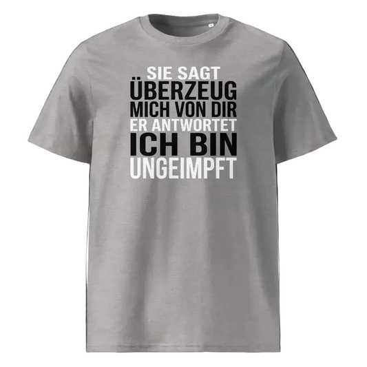 Unisex T-Shirt „Überzeuge mich“ in Heather Grau mit Statement-Print, Frontansicht, 100% Bio-Baumwolle, 180 g/m², GOTS-zertifiziert, TextilRebell.