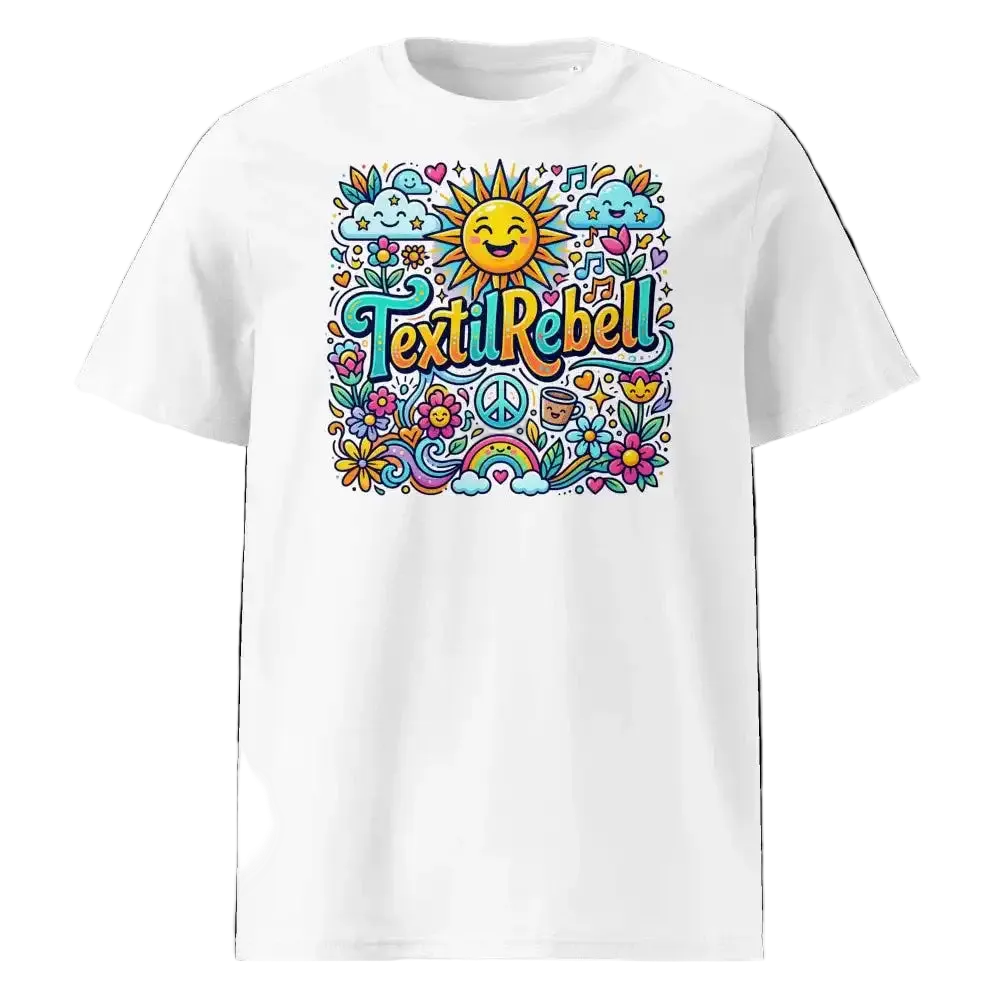 Weißes Damen-T-Shirt „Sonne“, Frontansicht mit buntem Sonnenmotiv – 100 % Bio-Baumwolle, 180 g/m², GOTS-zertifiziert.