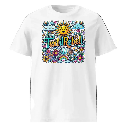 Weißes Damen-T-Shirt „Sonne“, Frontansicht mit buntem Sonnenmotiv – 100 % Bio-Baumwolle, 180 g/m², GOTS-zertifiziert.