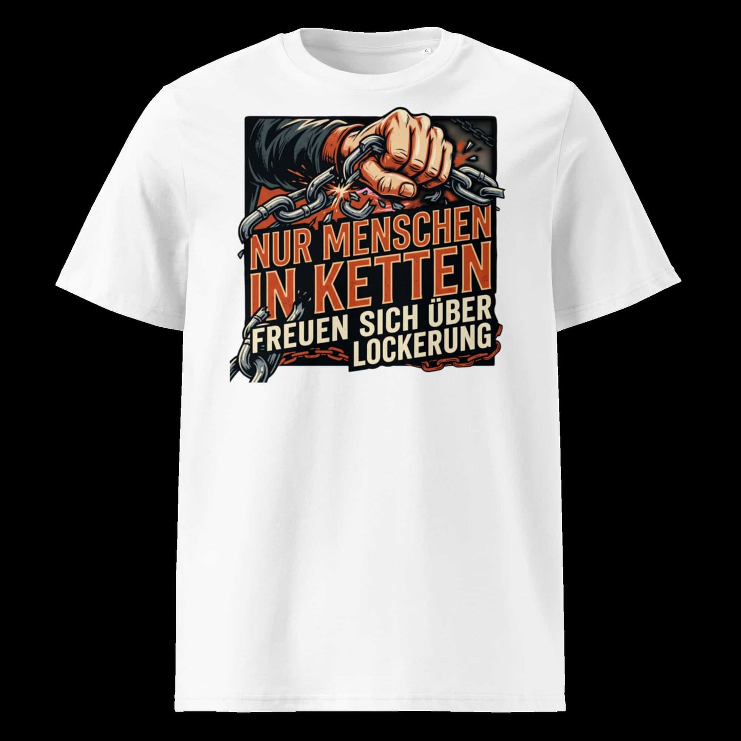 Herren Bio-Baumwolle T-Shirt in Weiß  "Nur Menschen in Ketten freuen sich über Lockerung" – männlicher Model trägt das Shirt in urbaner Stadtkulisse bei strahlendem Sonnenschein und blauem Himmel – GOTS-zertifiziert, nachhaltige Streetwear von TextilRebell