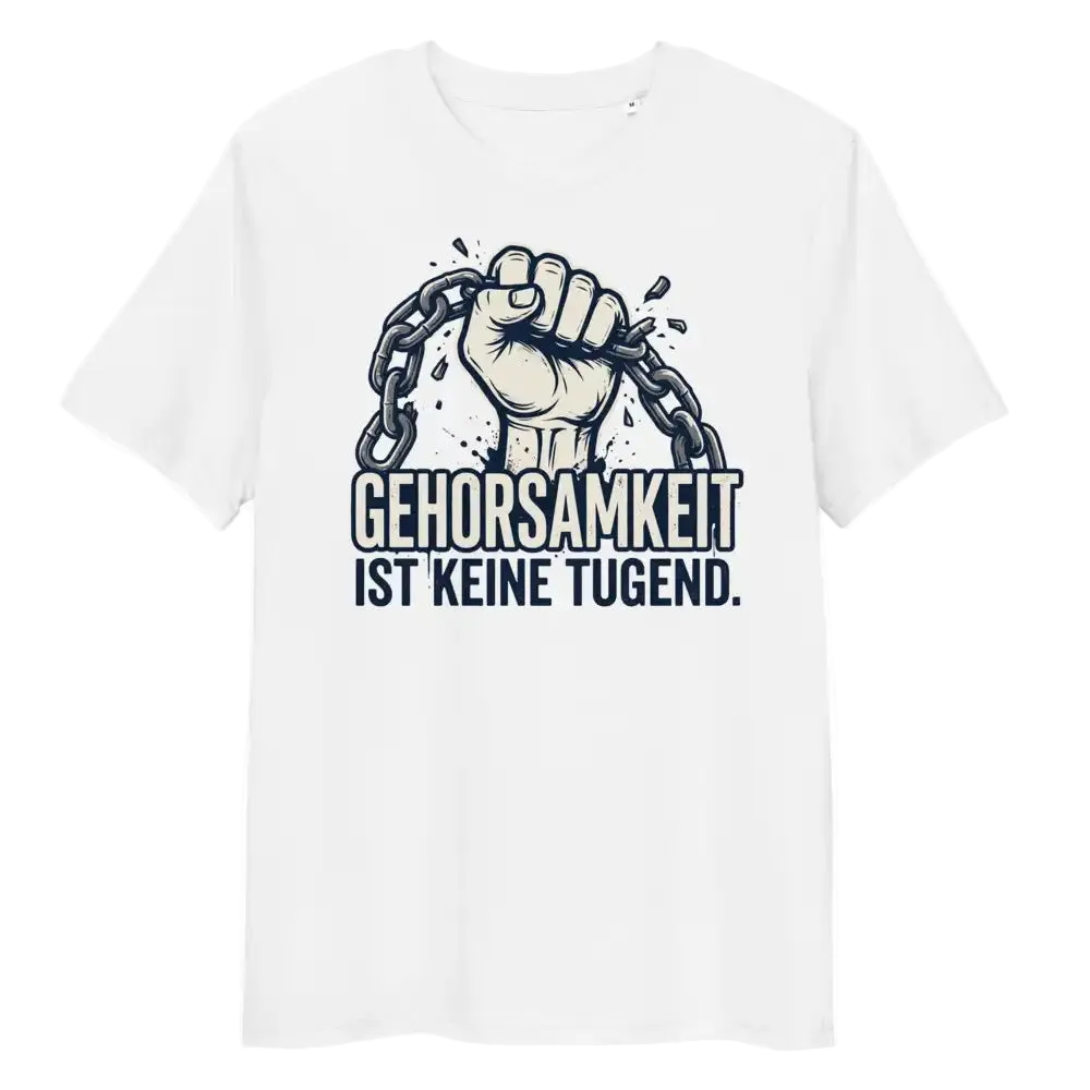 „Herren Bio T-Shirt Weiß Gehorsamkeit von TextilRebell – 100% GOTS-zertifizierte Bio-Baumwolle, nachhaltiges Statement Streetwear"