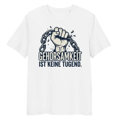 „Herren Bio T-Shirt Weiß Gehorsamkeit von TextilRebell – 100% GOTS-zertifizierte Bio-Baumwolle, nachhaltiges Statement Streetwear"