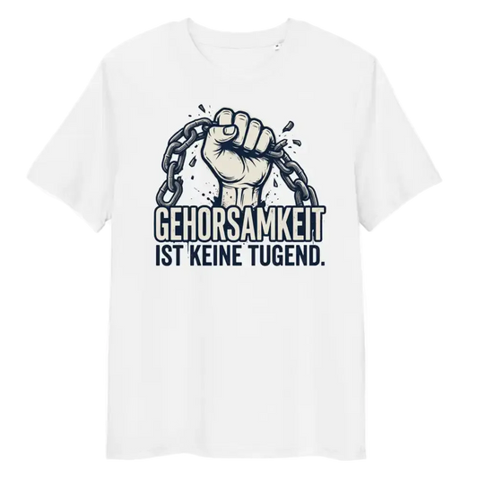 „Herren Bio T-Shirt Weiß Gehorsamkeit von TextilRebell – 100% GOTS-zertifizierte Bio-Baumwolle, nachhaltiges Statement Streetwear"