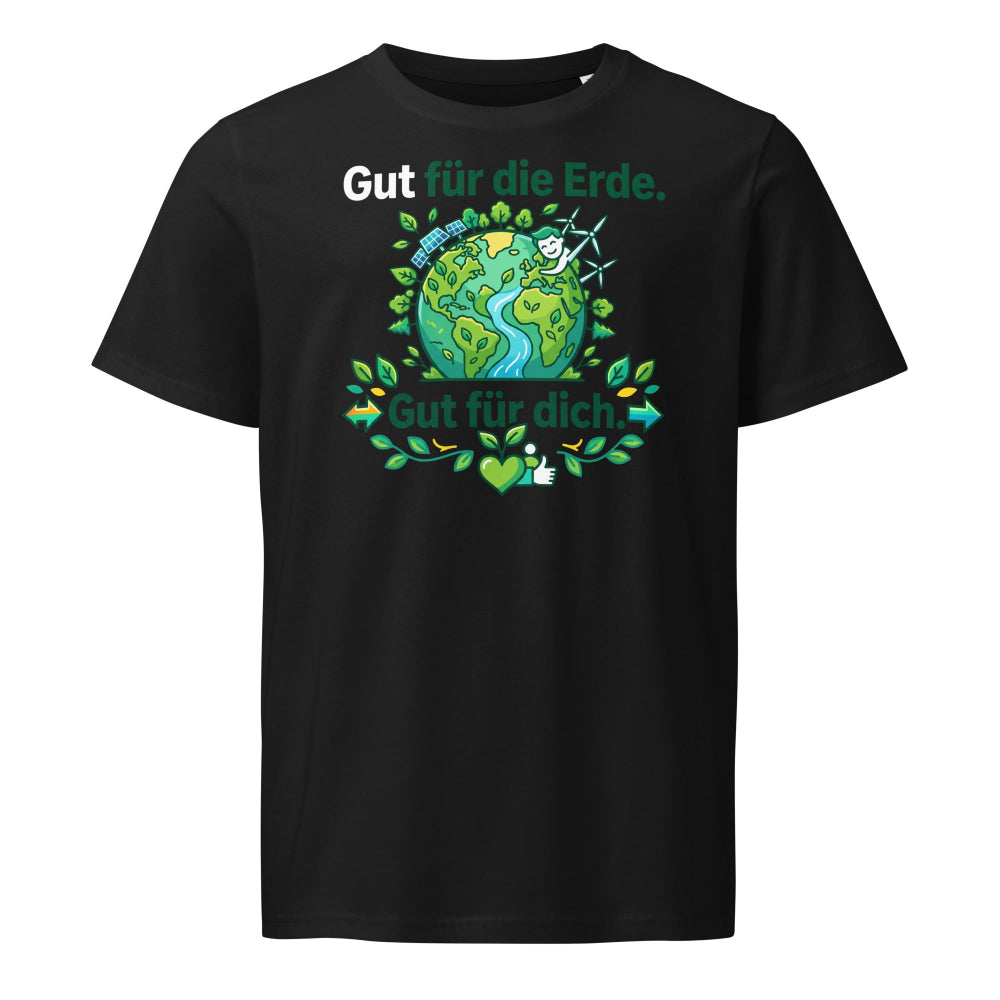  Damenmodel trägt schwarzes Unisex T-Shirt mit Erd-Motiv und Schriftzug „Gut für die Erde. Gut für dich.“, 100 % Bio-Baumwolle, 155 g/m²; Bio-Baumwollanteil GOTS-zertifiziert.