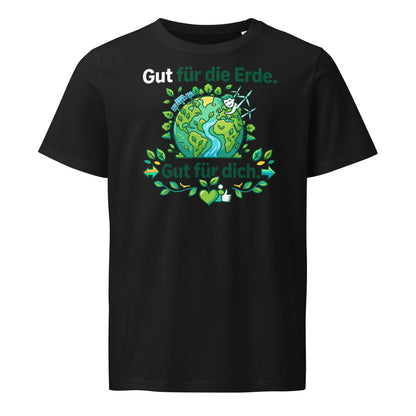  Damenmodel trägt schwarzes Unisex T-Shirt mit Erd-Motiv und Schriftzug „Gut für die Erde. Gut für dich.“, 100 % Bio-Baumwolle, 155 g/m²; Bio-Baumwollanteil GOTS-zertifiziert.