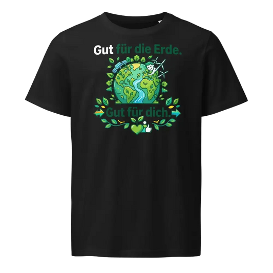 Damenmodel trägt schwarzes Unisex T-Shirt mit Erd-Motiv und Schriftzug „Gut für die Erde. Gut für dich.“, 100 % Bio-Baumwolle, 155 g/m²; Bio-Baumwollanteil GOTS-zertifiziert.