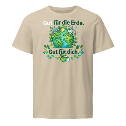 Damenmodel trägt beiges Unisex T-Shirt mit Erd-Motiv und Schriftzug „Gut für die Erde. Gut für dich.“, 100 % Bio-Baumwolle, 155 g/m²; Bio-Baumwollanteil GOTS-zertifiziert.