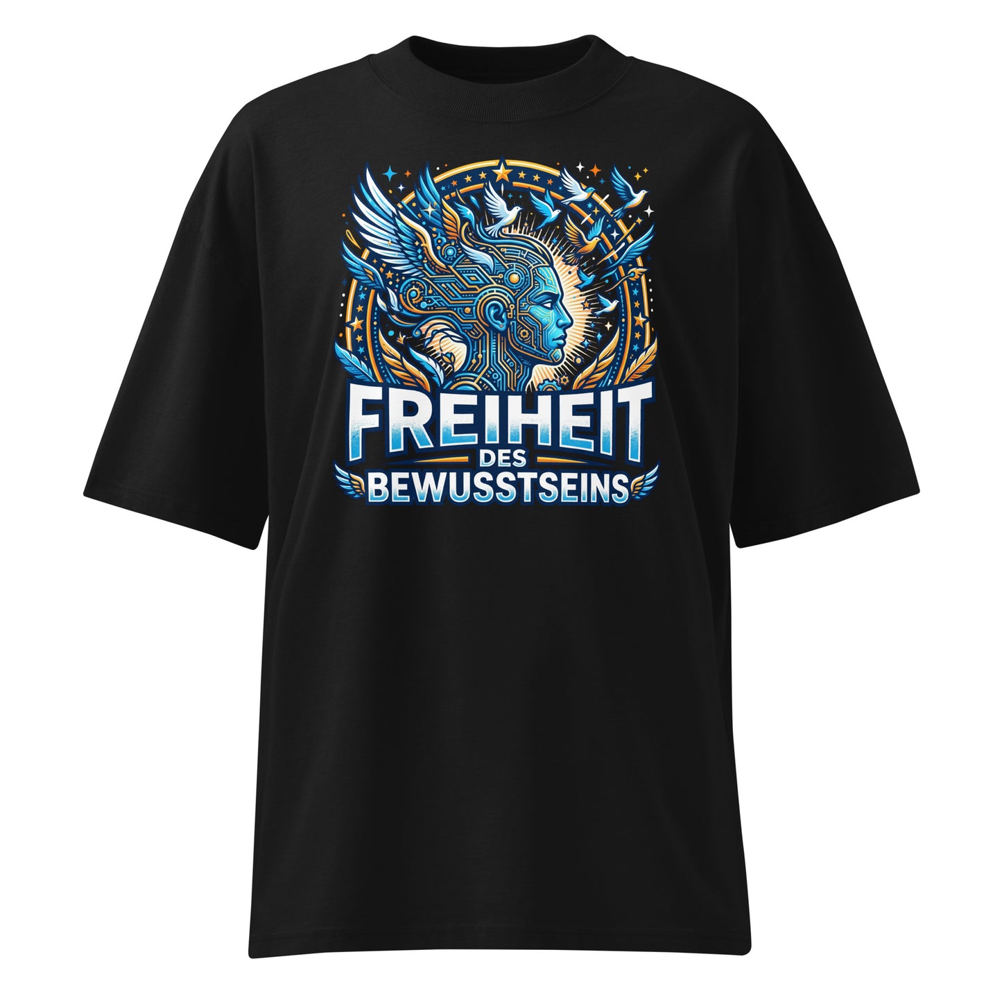Junger Mann trägt Oversized Bio T-Shirt Freiheit des Bewusstseins in Schwarz – 100% GOTS-zertifizierte Bio-Baumwolle, Streetwear-Passform | TextilRebell