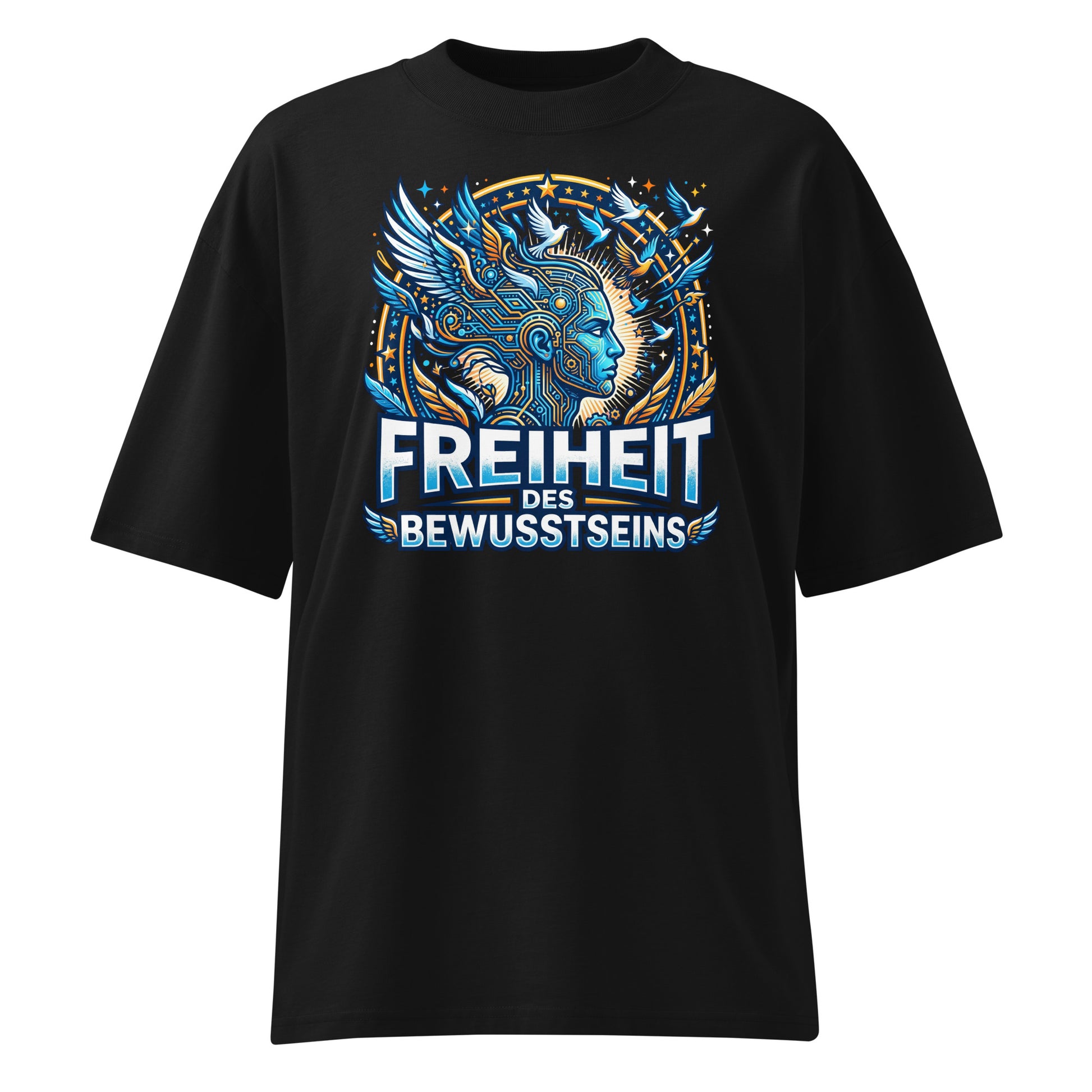 Junger Mann trägt Oversized Bio T-Shirt Freiheit des Bewusstseins in Schwarz – 100% GOTS-zertifizierte Bio-Baumwolle, Streetwear-Passform | TextilRebell