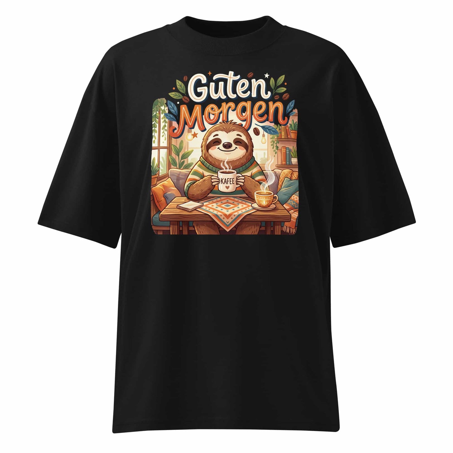  Unisex Oversized T-Shirt "Guten Morgen" in Schwarz – Faultier mit Kaffee Print – 100% Bio-Baumwolle | TextilRebell