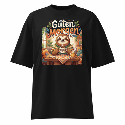  Unisex Oversized T-Shirt "Guten Morgen" in Schwarz – Faultier mit Kaffee Print – 100% Bio-Baumwolle | TextilRebell