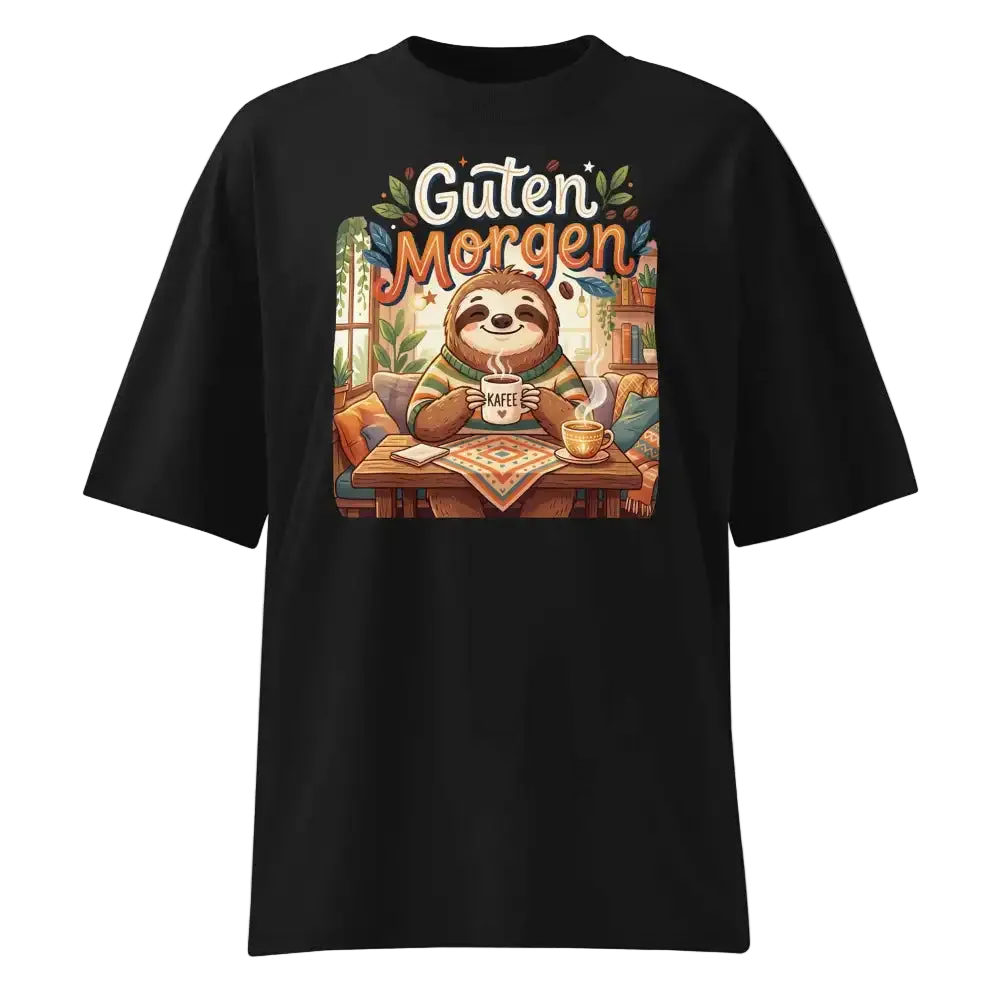 Unisex Oversized T-Shirt "Guten Morgen" in Schwarz – Faultier mit Kaffee Print – 100% Bio-Baumwolle | TextilRebell