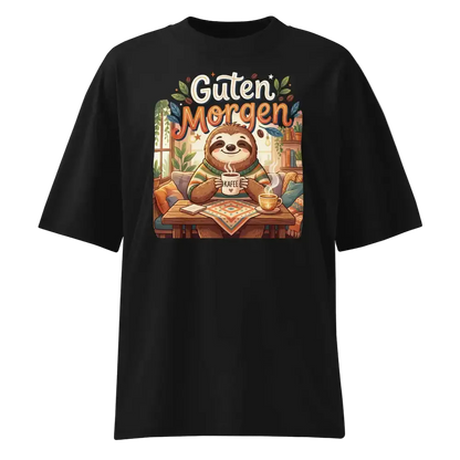 Unisex Oversized T-Shirt "Guten Morgen" in Schwarz – Faultier mit Kaffee Print – 100% Bio-Baumwolle | TextilRebell
