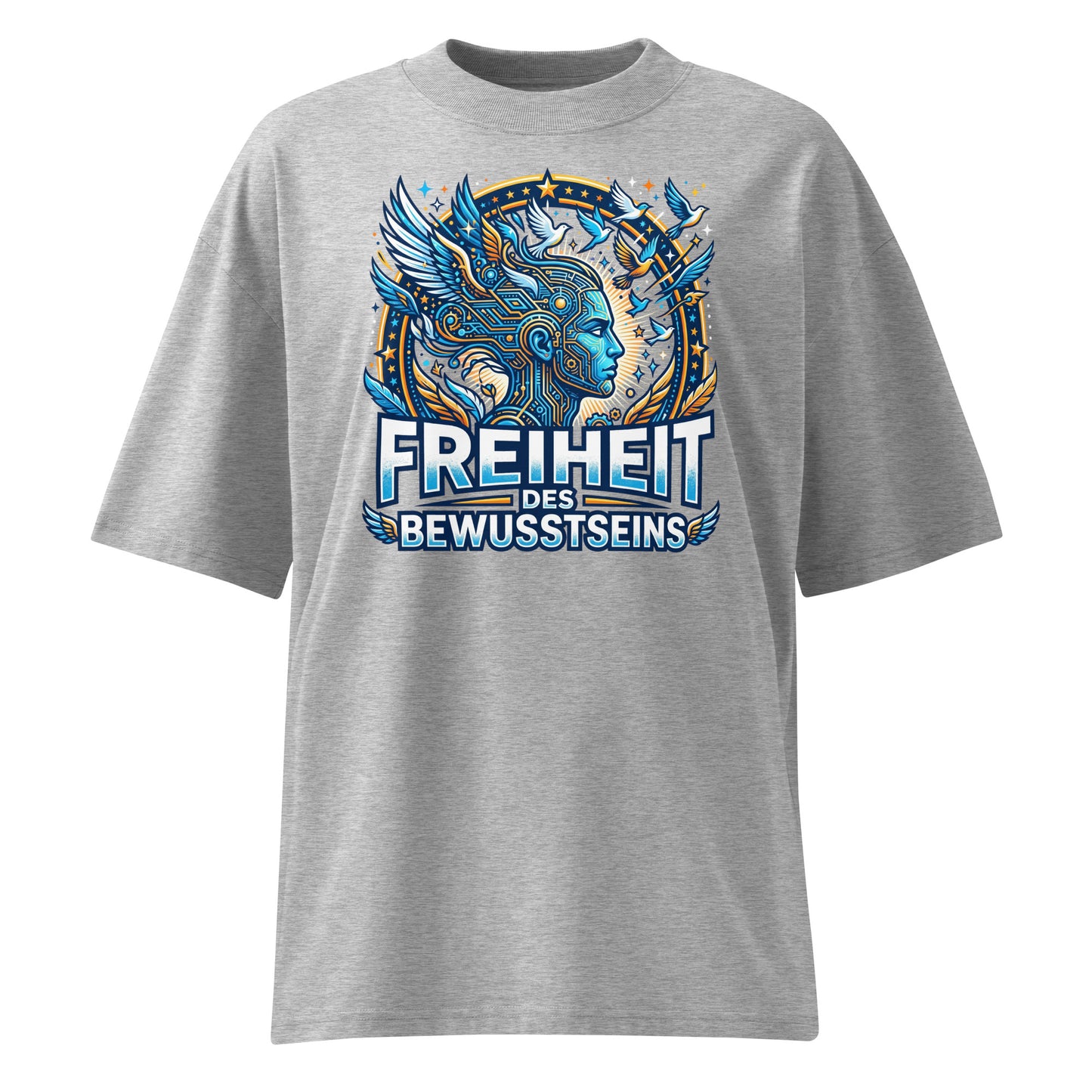 Junger Mann trägt Oversized Bio T-Shirt Freiheit des Bewusstseins in Heather Grau – 100% GOTS-zertifizierte Bio-Baumwolle, Streetwear-Passform | TextilRebell
