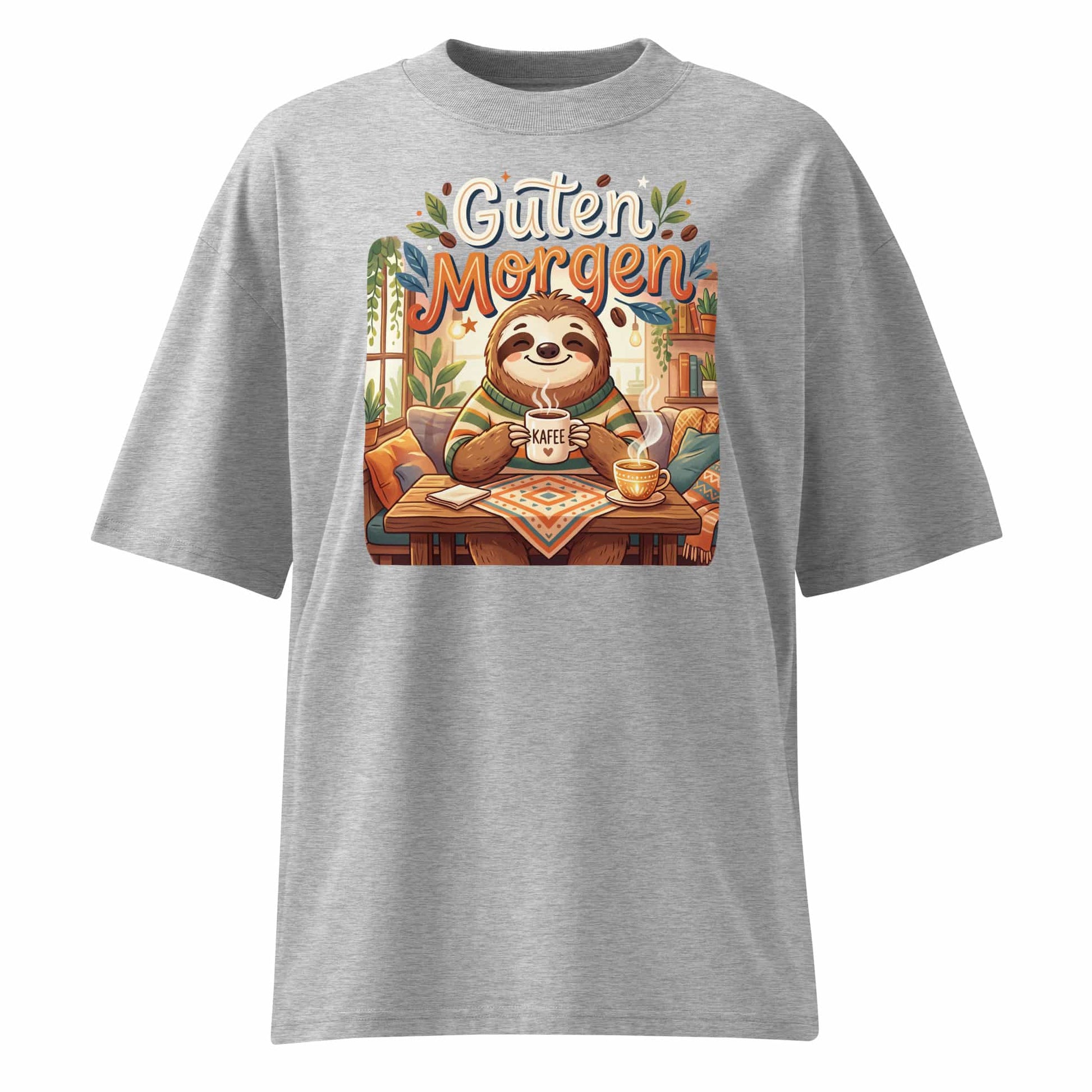 Unisex Oversized T-Shirt "Guten Morgen" in Heather Grau – Faultier mit Kaffee Print – 100% Bio-Baumwolle | TextilRebell