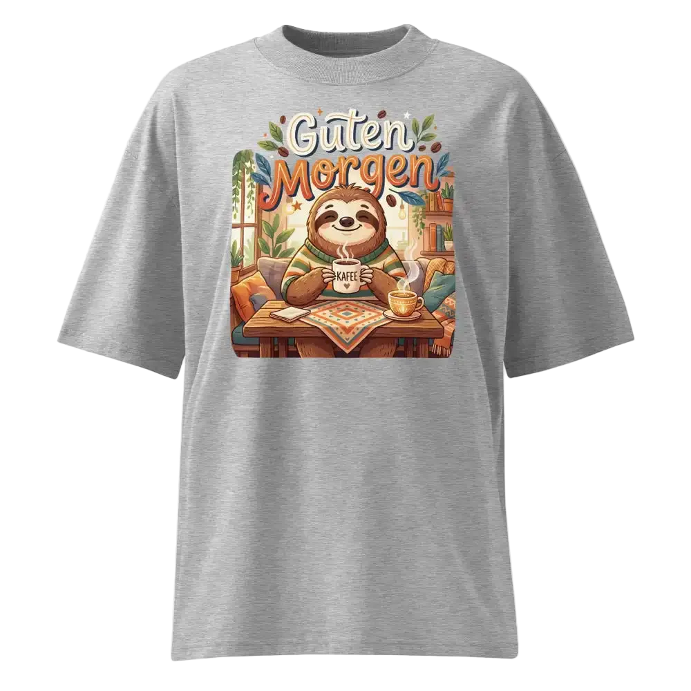Unisex Oversized T-Shirt "Guten Morgen" in Heather Grau – Faultier mit Kaffee Print – 100% Bio-Baumwolle | TextilRebell