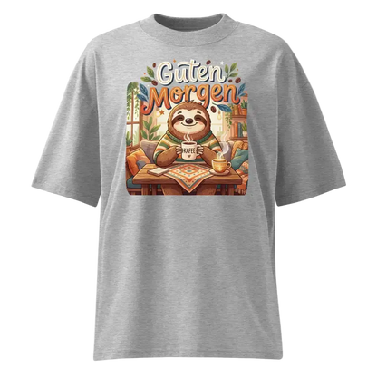 Unisex Oversized T-Shirt "Guten Morgen" in Heather Grau – Faultier mit Kaffee Print – 100% Bio-Baumwolle | TextilRebell