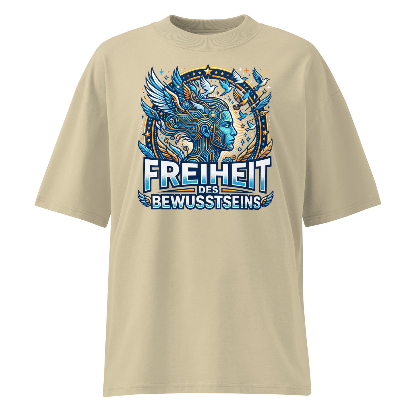 Junger Mann trägt Oversized Bio T-Shirt Freiheit des Bewusstseins in Stein – 100% GOTS-zertifizierte Bio-Baumwolle, Streetwear-Passform | TextilRebell