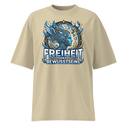 Junger Mann trägt Oversized Bio T-Shirt Freiheit des Bewusstseins in Stein – 100% GOTS-zertifizierte Bio-Baumwolle, Streetwear-Passform | TextilRebell