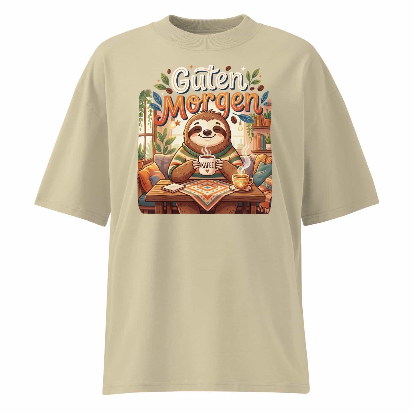 Unisex Oversized T-Shirt "Guten Morgen" in Stein – Faultier mit Kaffee Print – 100% Bio-Baumwolle | TextilRebell