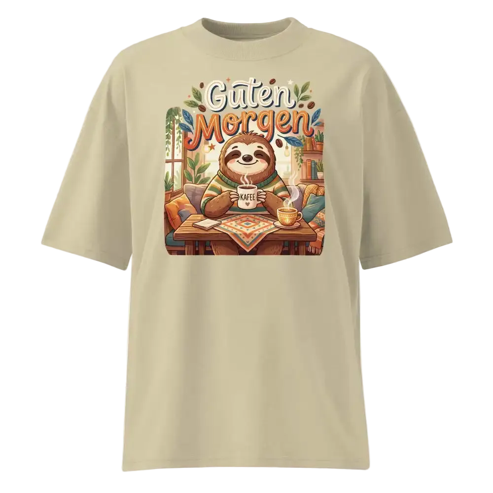 Unisex Oversized T-Shirt "Guten Morgen" in Stein – Faultier mit Kaffee Print – 100% Bio-Baumwolle | TextilRebell