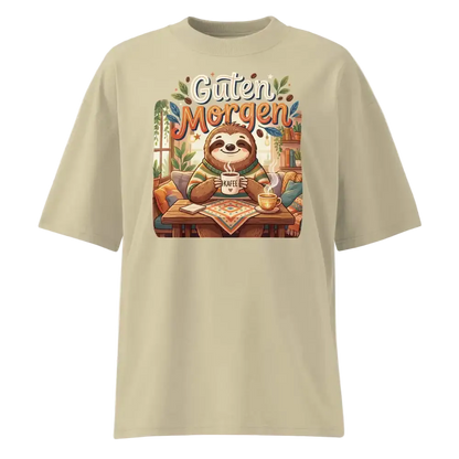 Unisex Oversized T-Shirt "Guten Morgen" in Stein – Faultier mit Kaffee Print – 100% Bio-Baumwolle | TextilRebell