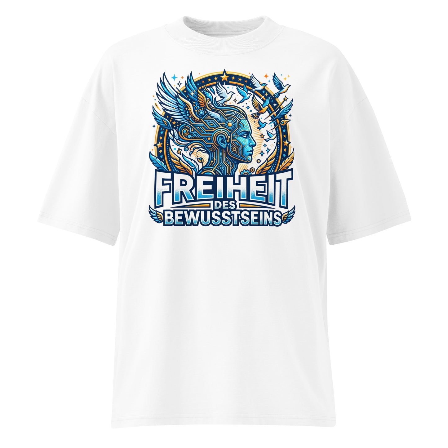 Junger Mann trägt Oversized Bio T-Shirt Freiheit des Bewusstseins in Weiß – 100% GOTS-zertifizierte Bio-Baumwolle, Streetwear-Passform | TextilRebell