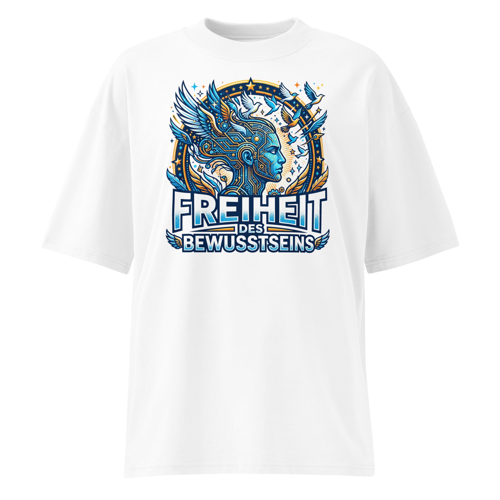 Junger Mann trägt Oversized Bio T-Shirt Freiheit des Bewusstseins in Weiß – 100% GOTS-zertifizierte Bio-Baumwolle, Streetwear-Passform | TextilRebell